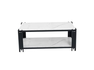 Table basse rectangulaire avec 2 étagères de rangement - plateau effet marbre, pieds métal, mdf blanc et noir