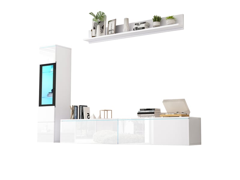  Ensemble meuble tv mural 3 pièces blanc brillant avec led, meuble tv, vitrine et étagère suspendue pour salon  - Conforama E