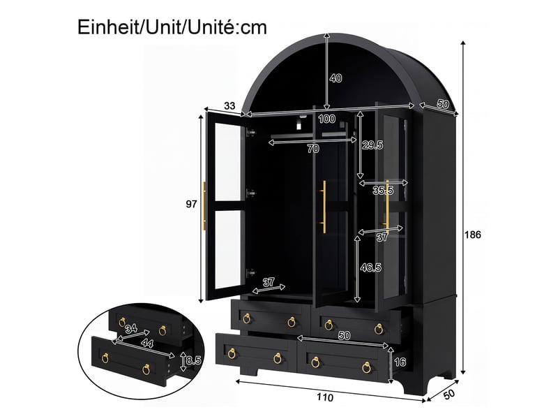  Vitrine haute 110x50x186 cm, 3 portes vitrées, penderie, 4 tiroirs, led par application, pour salon et salle à manger - noir  - Conforama C