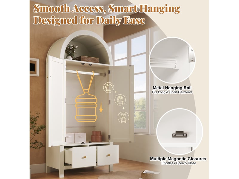  Armoire style campagne avec 2 portes, 2 tiroirs, penderie et niche ouverte pour chambre, mdf blanc, 78 × 45 × 181 cm  - Conforama E
