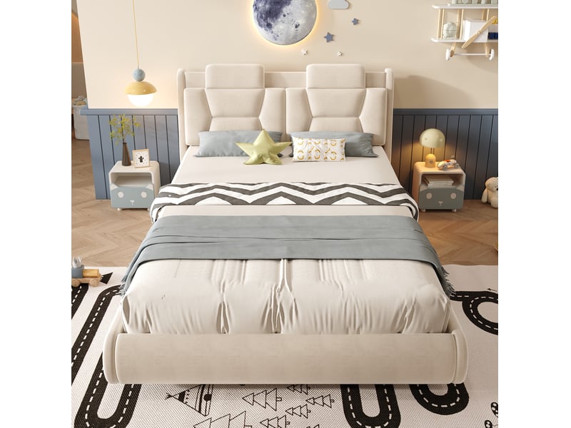  Lit enfant rembourré modenvie en forme de voiture avec tête de lit réglable, flanelle beige crème, couchage 140 x 200 cm et roues lumineuses  - Conforama D