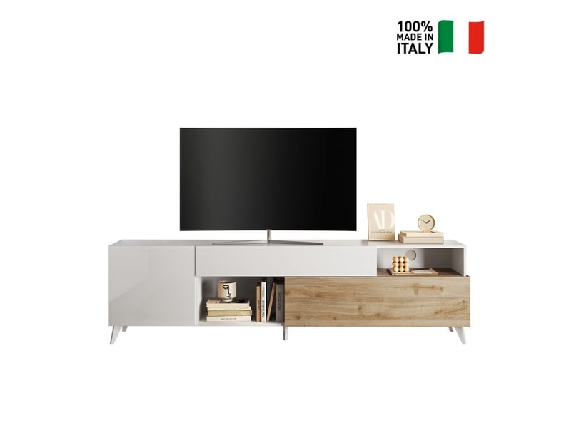 Meuble tv moderne blanc bois avec tiroir et 2 portes 241x42x67cm clere - chêne - blanc  - Conforama B