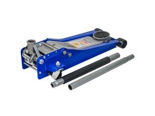 Cric hydraulique roulant 3 tonnes 67 x 33 cm bleu et argent, acier et aluminium, double pompe, profil bas