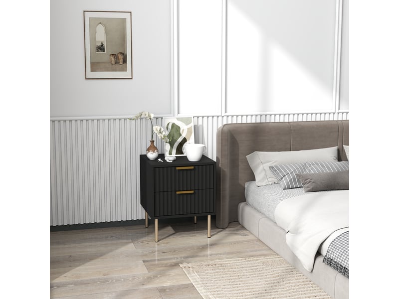  Table de chevet, table de nuit cannelée avec 2 tiroirs et pieds en acier, pour chambre à coucher, salon, noir  - Conforama C