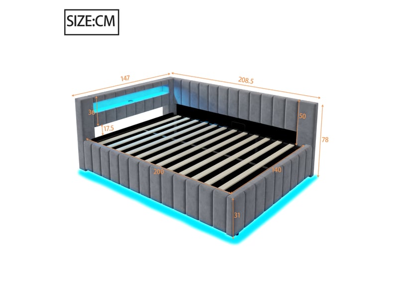  Lit coffre 140x200 cm rembourré, rangement hydraulique, led et usb, tête de lit avec dossier, velours gris  - Conforama C