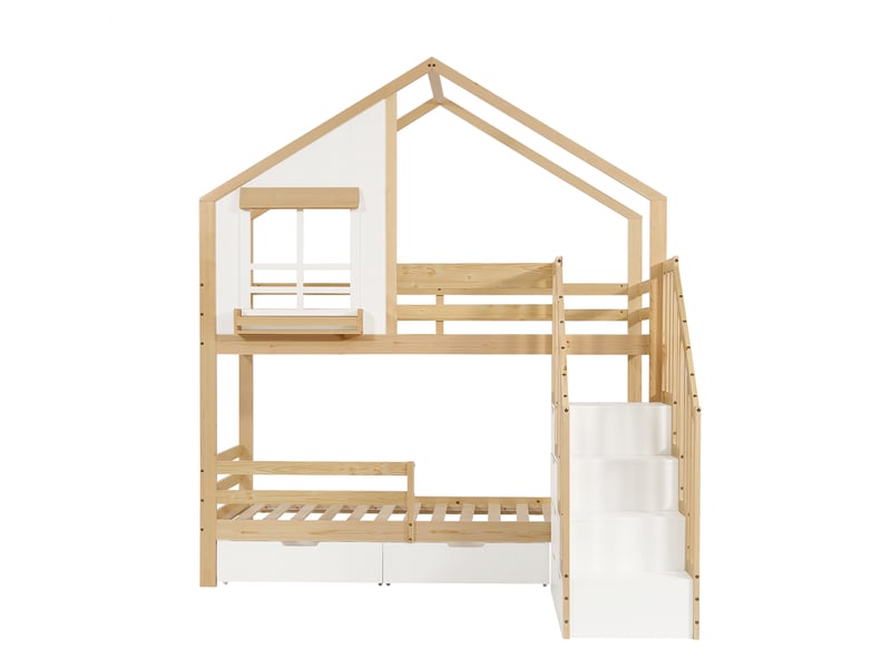  Lit superposé avec rangement et roulettes, bois pin blanc et naturel  - Conforama R