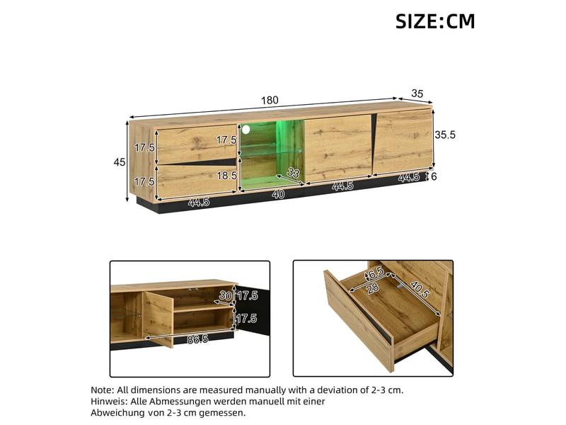  Meuble tv 180 cm en mdf bois clair et noir avec led, 2 tiroirs, 2 portes et passe-câbles pour le salon  - Conforama C
