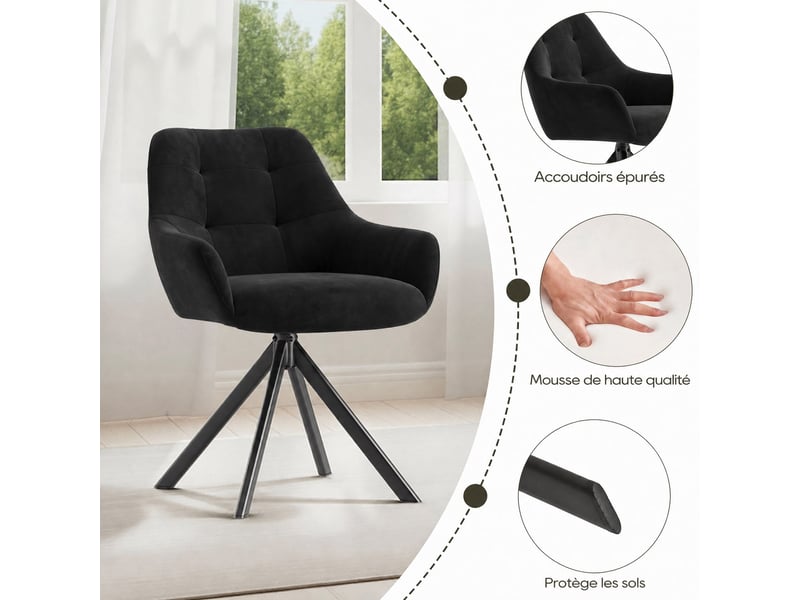  Lot 4 chaise pivotante premium avec demi-accoudoirs - chaise rotation à 360°base métallique haute stabilité, noir  - Conforama E
