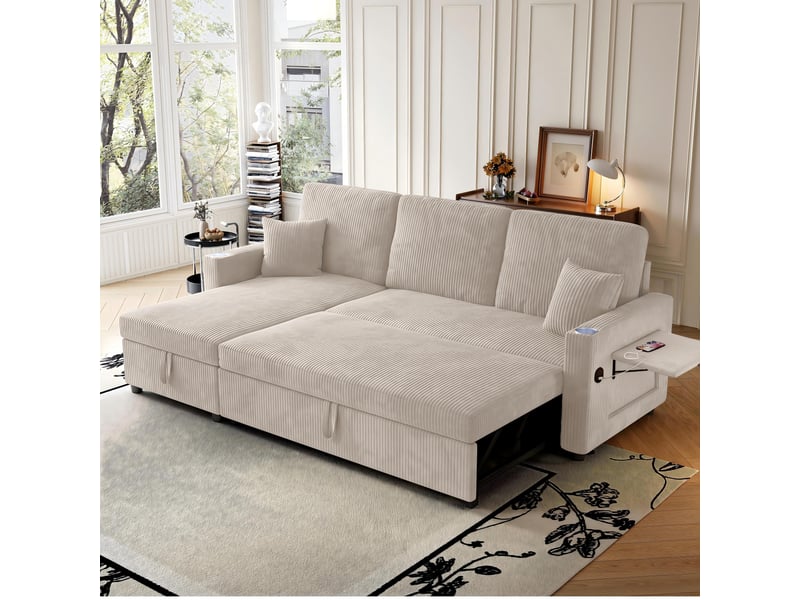  Canapé d’angle (à gauche) convertible 3 places 207,5 x 142 x 84,5 cm, avec rangement, assise spacieuse et méridienne, velours côtelé, beige OMNIGLINT TRADING LTD - Conforama B