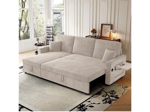 Canapé d'angle gauche convertible <strong></strong> <strong>OMNIGLINT TRADING LTD</strong> 3 places Velours côtelé beige avec coffre de rangement