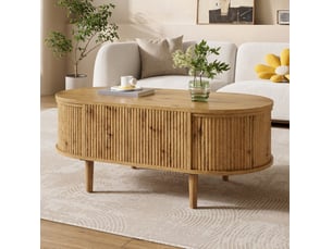 Table basse ovale relevable 100x48x54,5 cm, design vague, rangement, table de salon, style moderne, en mdf, chêne