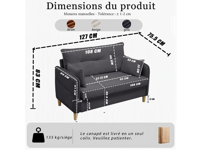  Canapé 2 places gris foncé 127 cm tissu chenille avec poches  - Conforama C