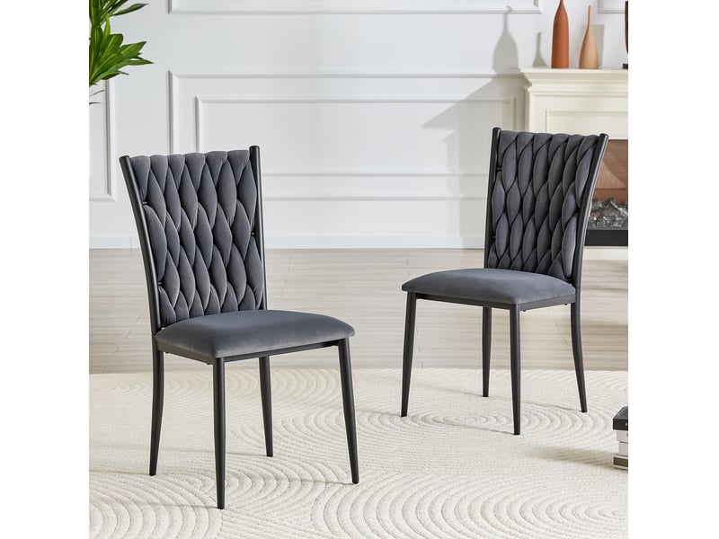  Chaise de salle à manger à dossier haut tressé en velours et métal gris foncé  - Conforama B
