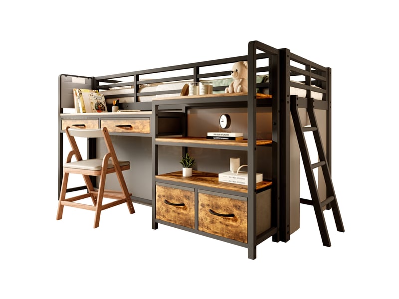  Lit mezzanine enfant 90 x 200 cm noir, métal et mdf avec bureau, étagères, tiroirs en tissu et led  - Conforama A