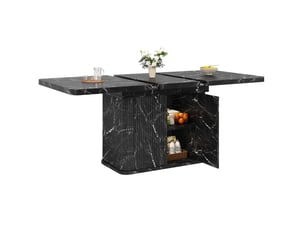 Table de salle à manger extensible avec rangement caché, relief vertical, effet marbre noir, 140 × 80 × 76,5 cm