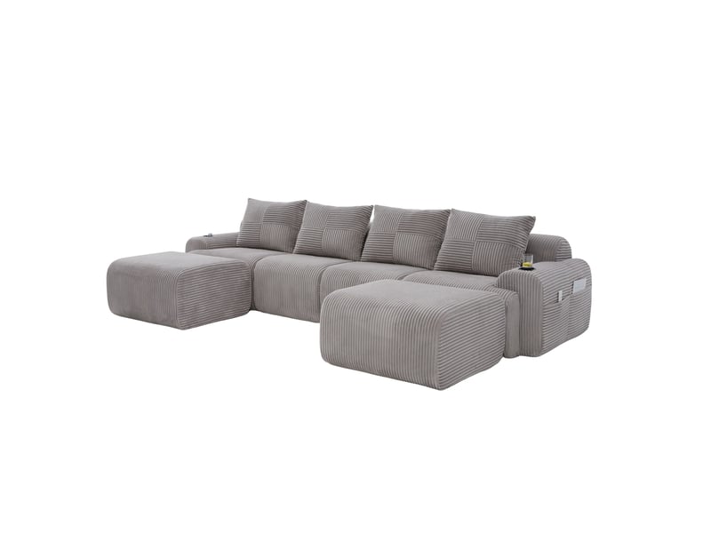  Canapé modulaire 4 places 333x174x80 cm avec 2 poufs, porte-gobelet, gris clair  - Conforama A