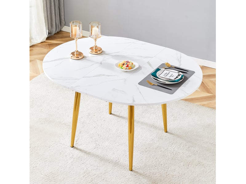  Table de salle à manger extensible ronde à ovale avec plateau en mdf et pieds métalliques dorés pour repas, blanche  - Conforama D