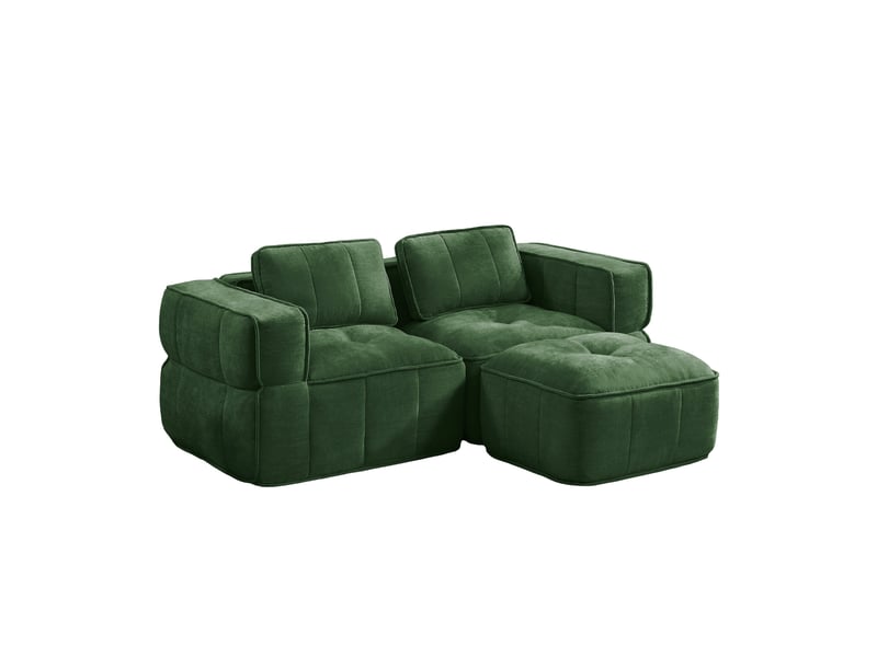 Canapé d'angle modulable 2 places avec pouf, en polyester vert - Conforama A