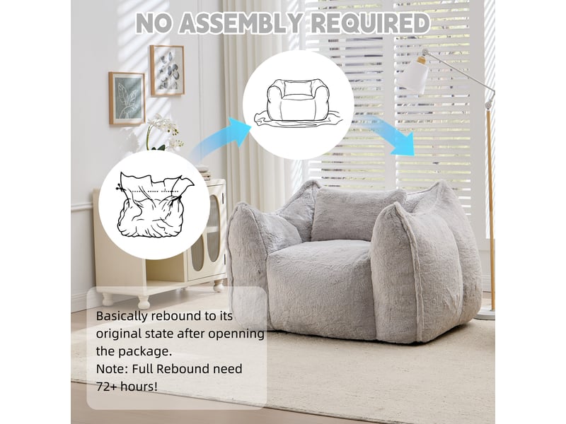  Fauteuil pouf géant 123 x 97 x 73 cm, fausse fourrure, mousse haute densité, coussin inclus pour salon et chambre - gris  - Conforama D