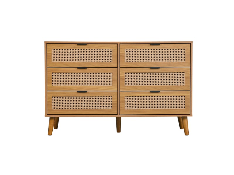 Commode noyer, 120 × 40 × 76,5 cm, panneau de particules, avec 6 tiroirs, façades effet rotin, pieds en métal, rangement quotidien - Conforama A