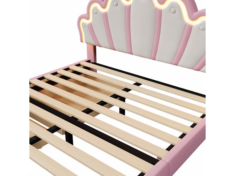  Lit enfant 140x200 cm avec led, tiroirs, sommier et tête réglable, lit princesse, pu rose, sans matelas  - Conforama R