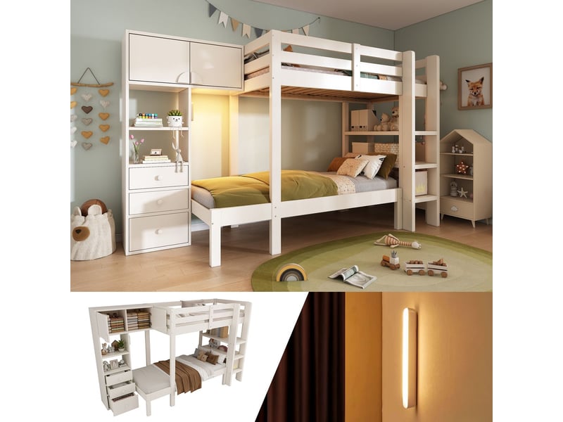  Lit superposé 90x200, structure bois massif lit superposé enfant, rangement intégré, led intelligente, certification en747  - Conforama D