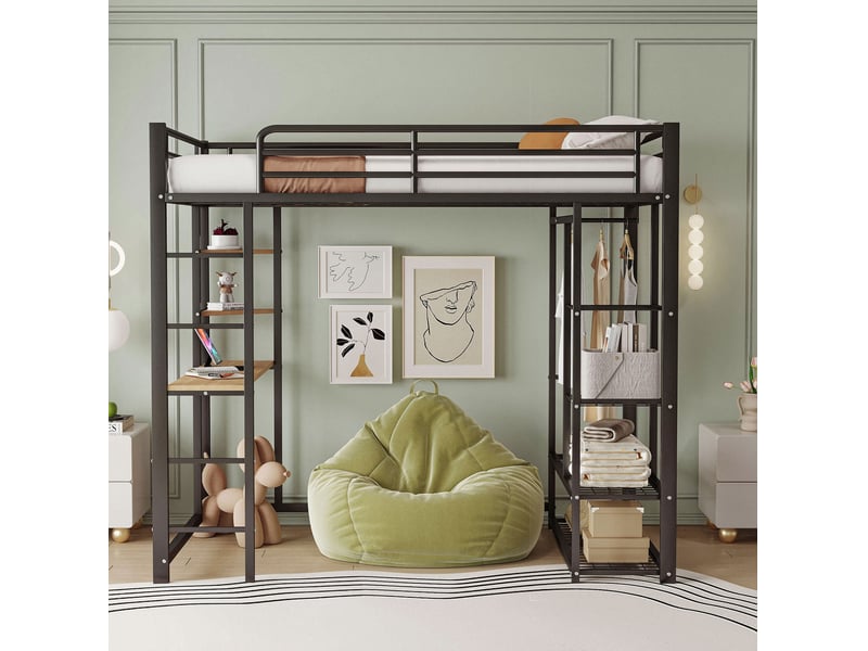  Lit mezzanine 90x200 cm avec bureau, rangement et penderie simple noir  - Conforama B