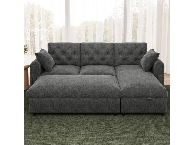  Canapé d'angle réversible gris 3 places avec coffre de rangement, pouf et poches latérales 219cm  - Conforama B