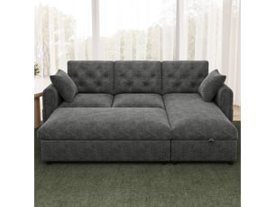 Canapé d'angle réversible gris 3 places avec coffre de rangement, pouf et poches latérales 219cm