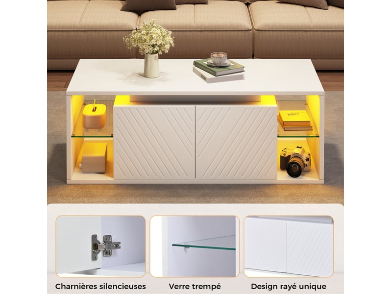  Table basse 100x50x41 cm avec led et rangement, table de salon, pour le salon, panneau de particules, couleur blanche  - Conforama E