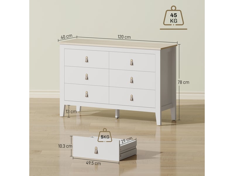  Commode à 6 tiroirs avec poignées en similicuir, 120 x 40 x 78 cm, blanche  - Conforama E