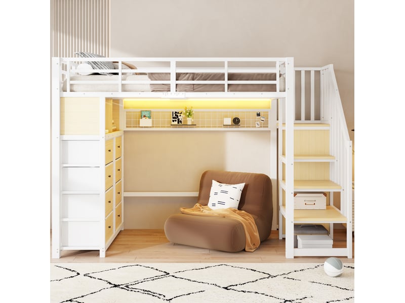  Lit mezzanine 90 × 200 cm avec 8 tiroirs, escalier de rangement, led et étagères pour chambre enfant en métal et mdf  - Conforama D