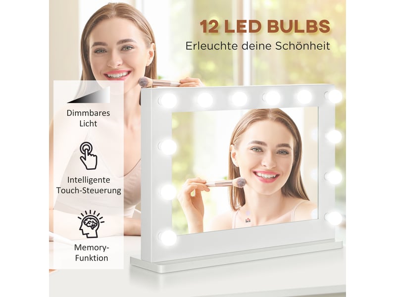  Miroir de maquillage hollywood 80 x 60 cm – blanc – 12 led dimmables avec commande tactile et mémoire  - Conforama E