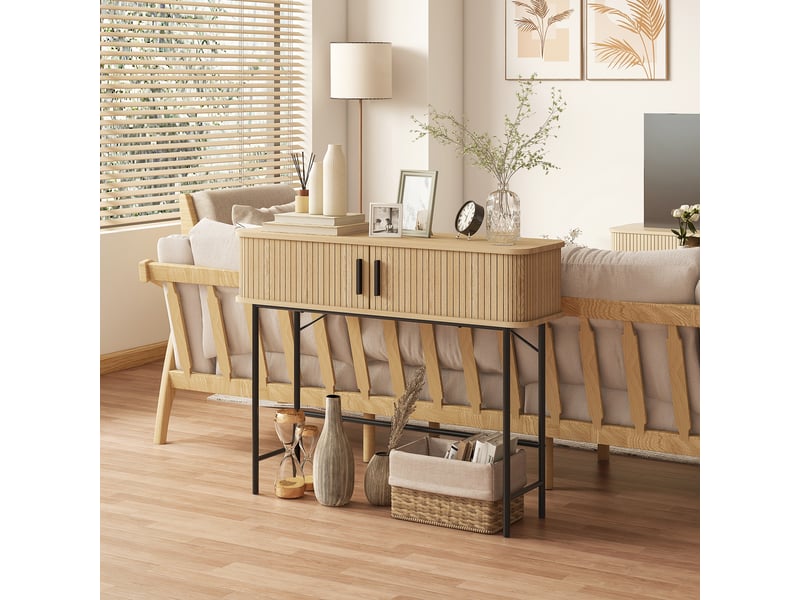  Console meuble, table console avec portes coulissantes à lattes et pieds en acier, pour salon, chêne et noir  - Conforama D