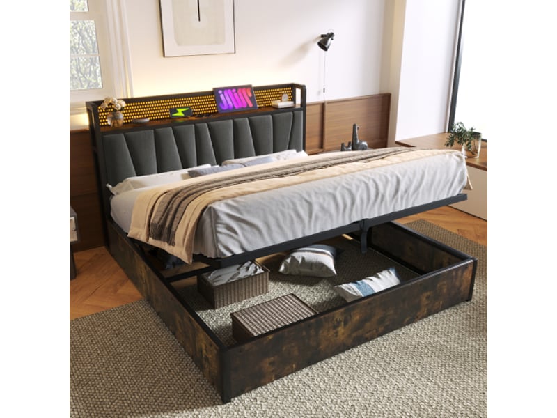 Lit adulte 180x200cm, lit coffre, lit double, avec led, usb, espace de rangement de tête de lit, lin gris, sans matelas - Conforama C