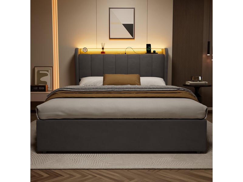  Lit coffre 140 x 190 cm gris foncé avec tête de lit de rangement et éclairage led  - Conforama D