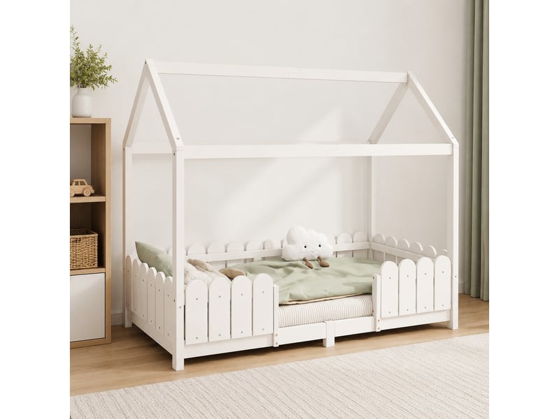  Lit cabane enfant 90x200 cm avec barrière et sommier à lattes blanc  - Conforama B