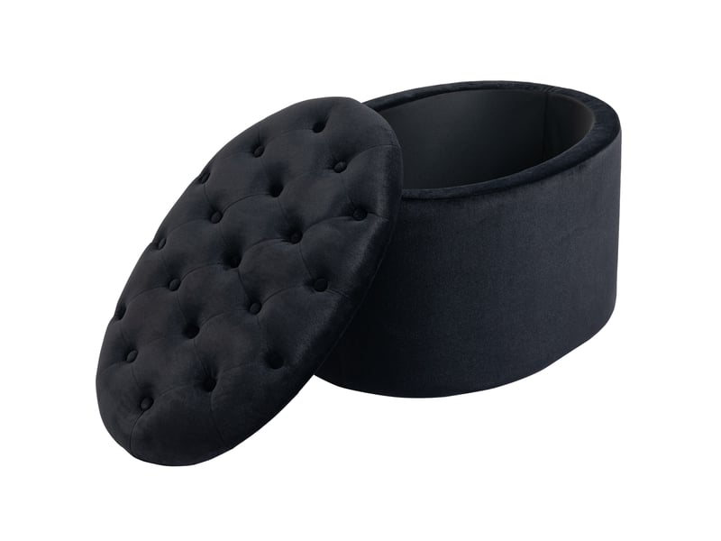  Pouf de rangement ovale 71 x 52 x 42 cm noir en polyester, avec couvercle amovible et capitonnage  - Conforama D