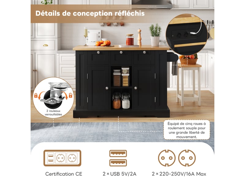  Îlot de cuisine 132x40x87 cm, desserte extensible avec tiroirs, porte-épices, porte-serviettes et prise, mdf, noir et naturel  - Conforama E