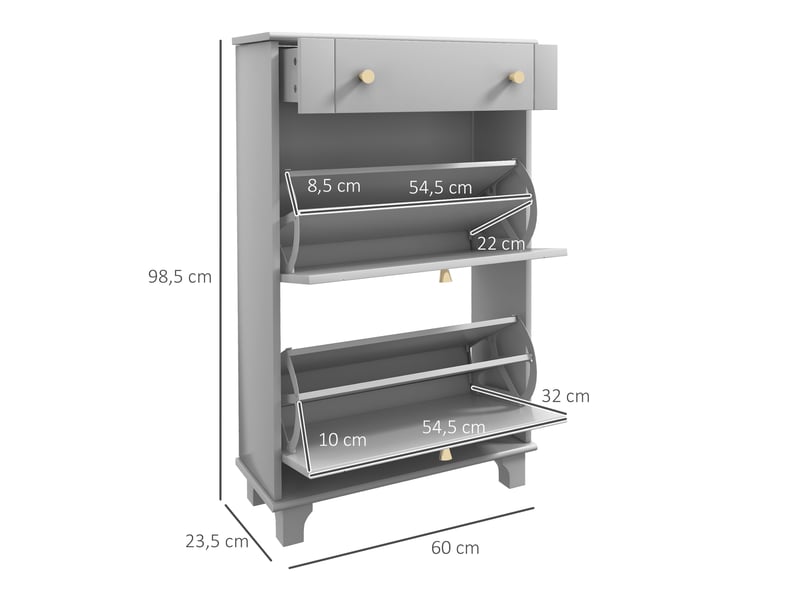  Meuble à chaussures étroit avec 2 portes abattantes et 1 tiroir pour 8 paires de chaussures 60x23,5x98,5 cm gris  - Conforama C