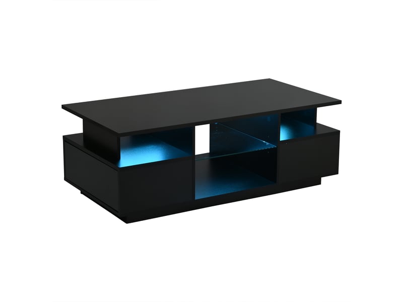  Table basse noire avec éclairage led, 2 tiroirs et étagères en verre, 100 x 50 x 36 cm  - Conforama A