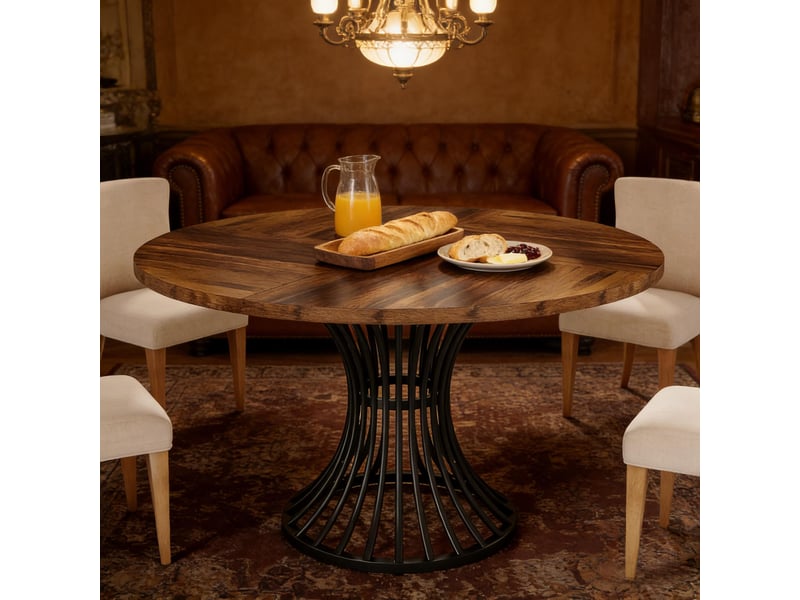 Table à manger ronde 6 places à piètement sablier - lpospi - pieds réglables, mdf et métal - noir, marron rustique - Conforama B