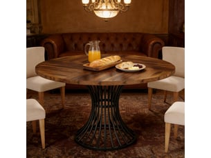 Table à manger ronde 6 places à piètement sablier - pieds réglables, mdf et métal - noir, marron rustique