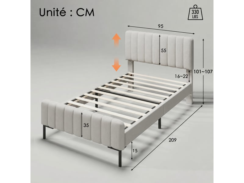  Lit simple 90×200 cm en lin gris et beige, avec tête de lit réglable et matelas à ressorts inclus  - Conforama D