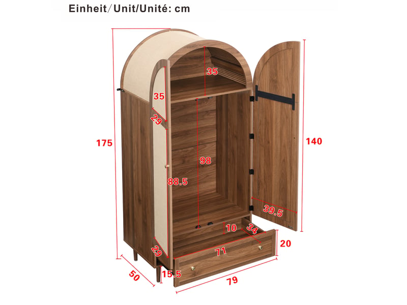  Armoire avec tiroir, portes en tissu et penderie pour chambre en mdf 79×50×175 cm noyer  - Conforama E
