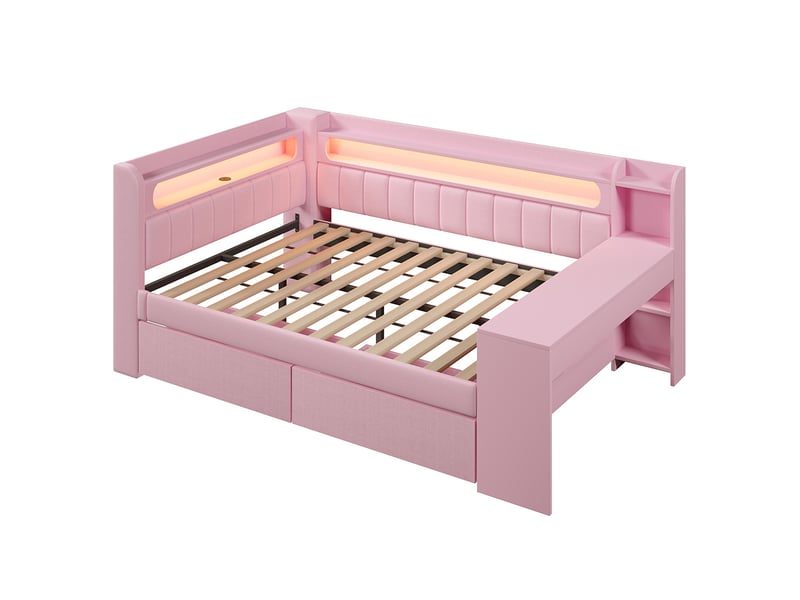  Canapé-lit rembourré 140 x 200 cm avec port usb et led - bureau - deux tiroirs - tissu lin - rose  - Conforama E