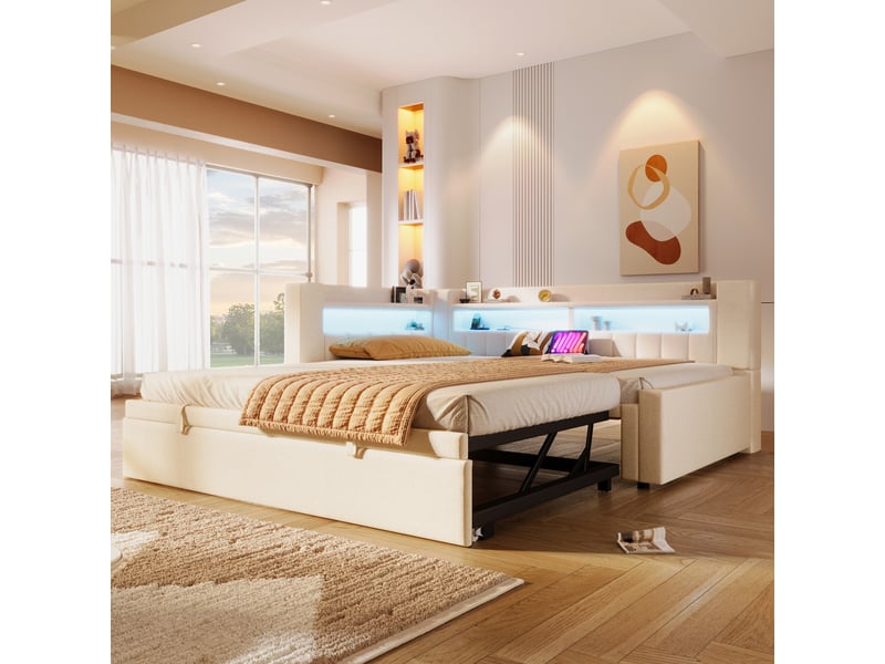  Lit gigogne convertible 90180x200 cm avec led et usb-c, tissu lin beige, structure mdf, sans matelas  - Conforama W