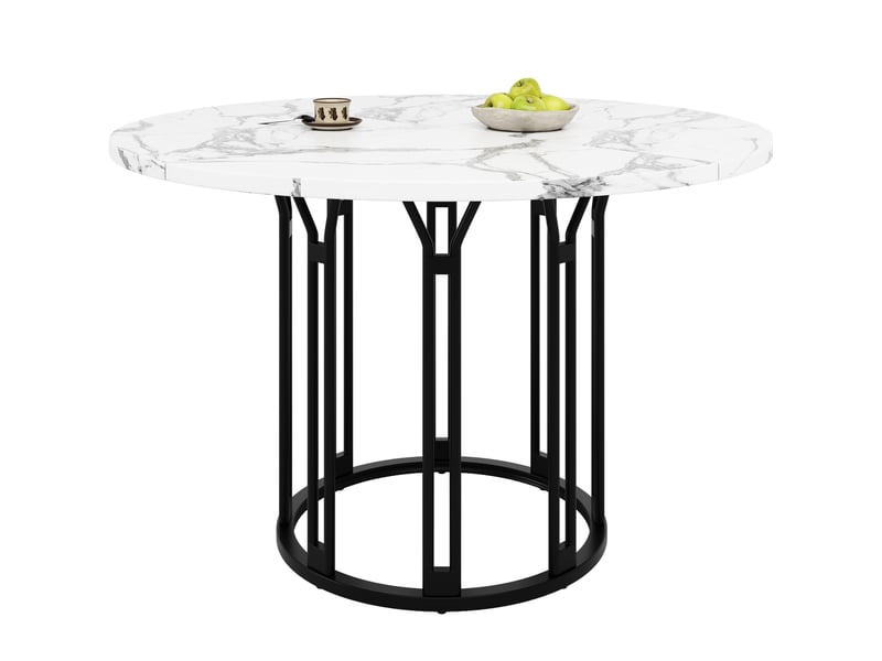  Table ronde 100×100×74cm avec pieds en métal, design élégant, motif marbre (non en marbre), mdf, couleur noir et blanc  - Conforama A