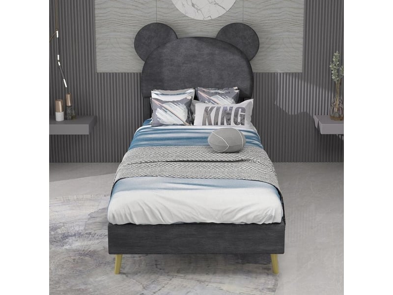 Lit rembourré moderne 90x200 cm avec tête de lit cartoon velours cadre bas chambre enfant ado, sans matelas, gris - Conforama B