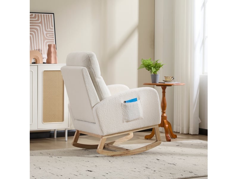  Fauteuil à bascule modenvie à dossier haut en tissu teddy blanc, poche latérale, 75 x 63 x 104 cm  - Conforama E